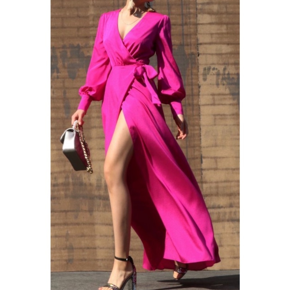Dress Day Maxi Dress Women size Small Hot Pink Satin Flowy Wrap Long Sleeve